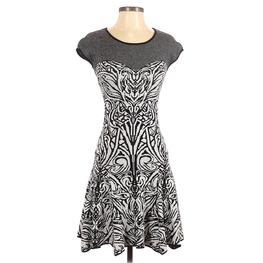Max Studio Fit and Flare Cap Sleeve Jacquard Sweater Dress
